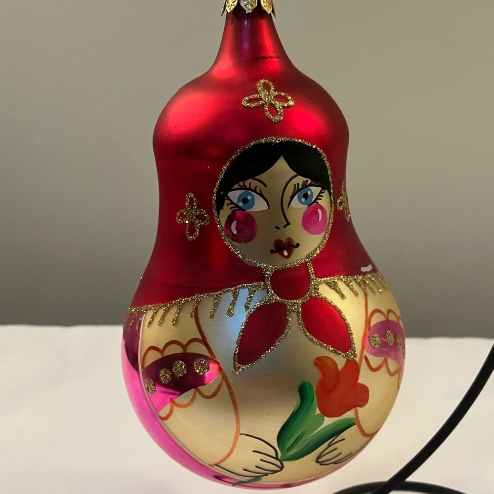 Russian Glass Matryoshka Nesting Doll Christmas Ornament Pink Red Gold 6in
